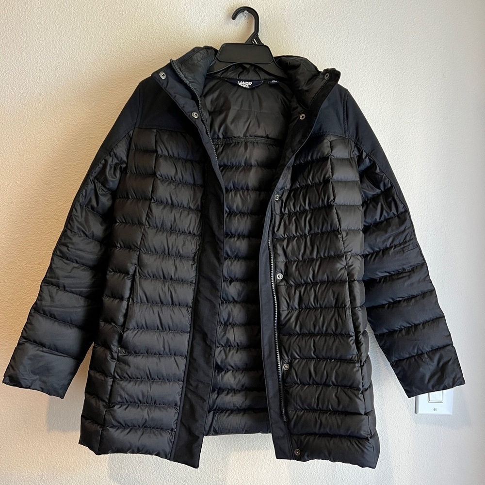 Lands’ End Packable Puffer Jacket | Size XS | Black Hooded Lightweight